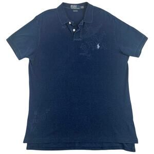 Polo Ralph Lauren Custom Fit Polo Shirt Navy Blue Floral Bird Graphic Cotton - L